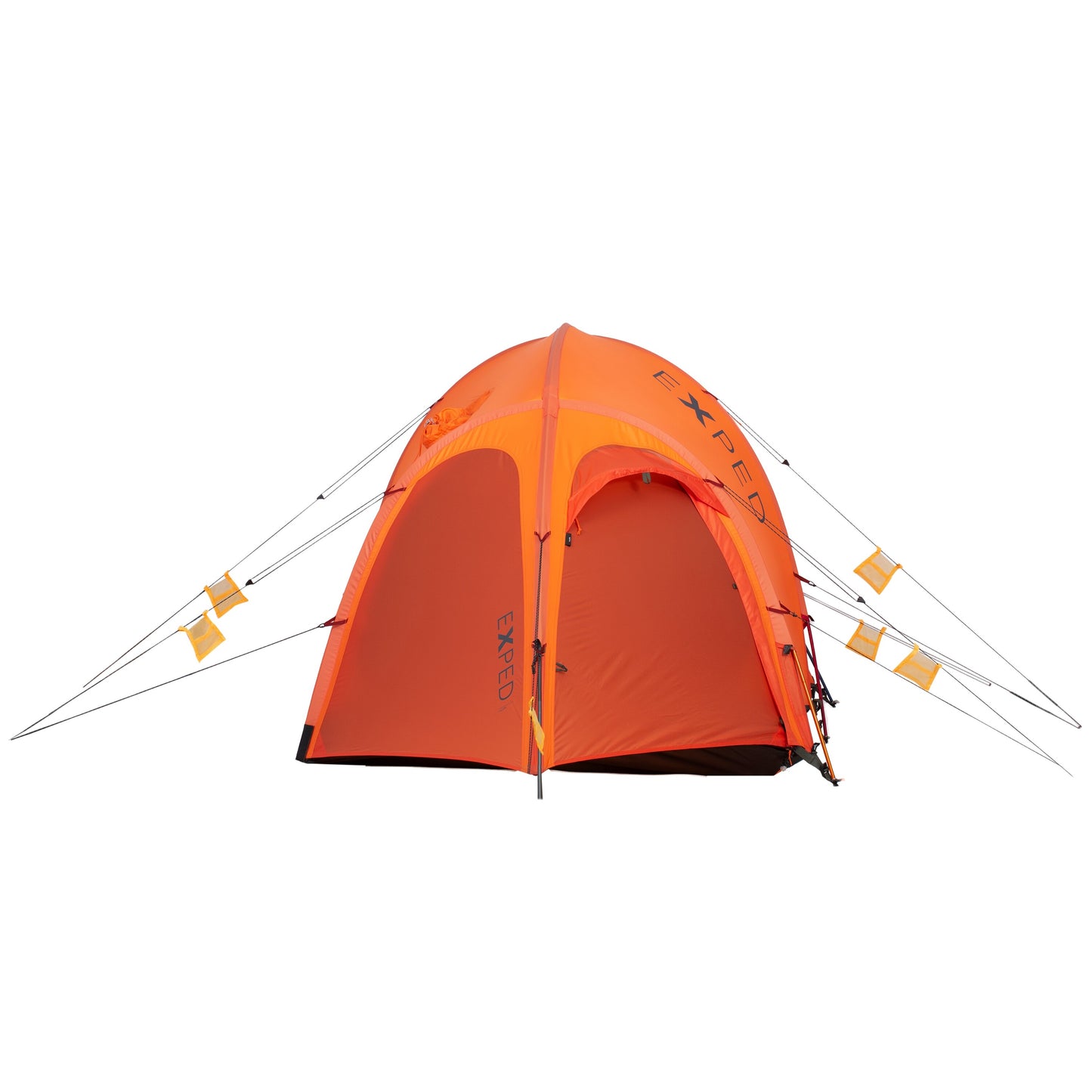 Exped Polaris tent in orange from the front with guylines staked outwards